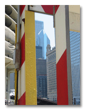 Chicago skyline through crossing gate, 2003